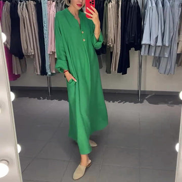 Summer New Fashion Collar Solid Color Comfortable Long-Sleeved Loose Dress